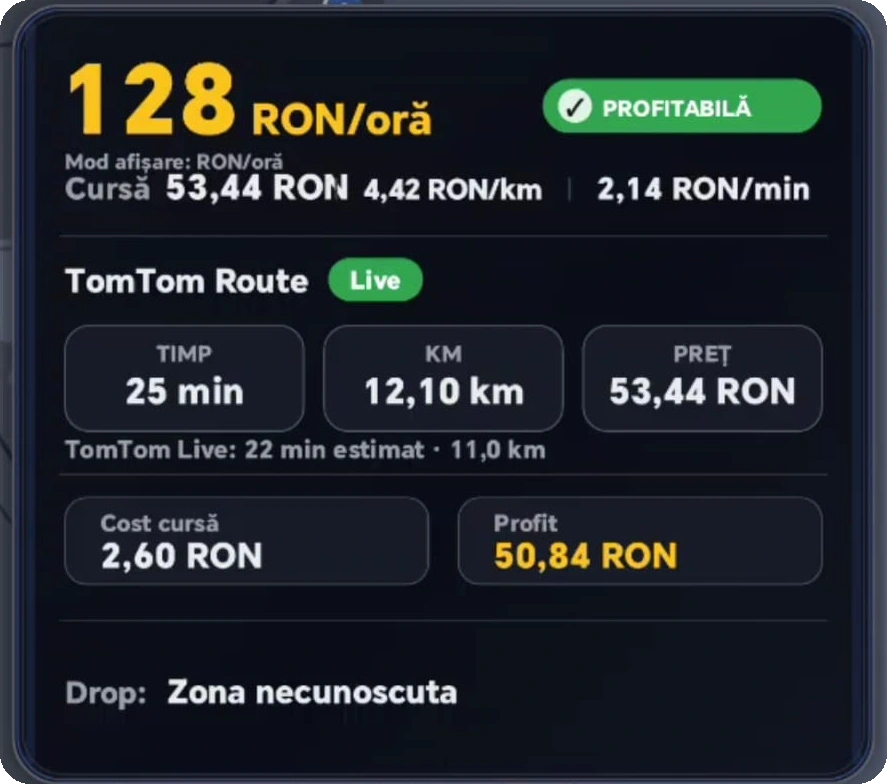 Card RideGo cu calcul de profitabilitate, TomTom Route Live, cost și profit estimat